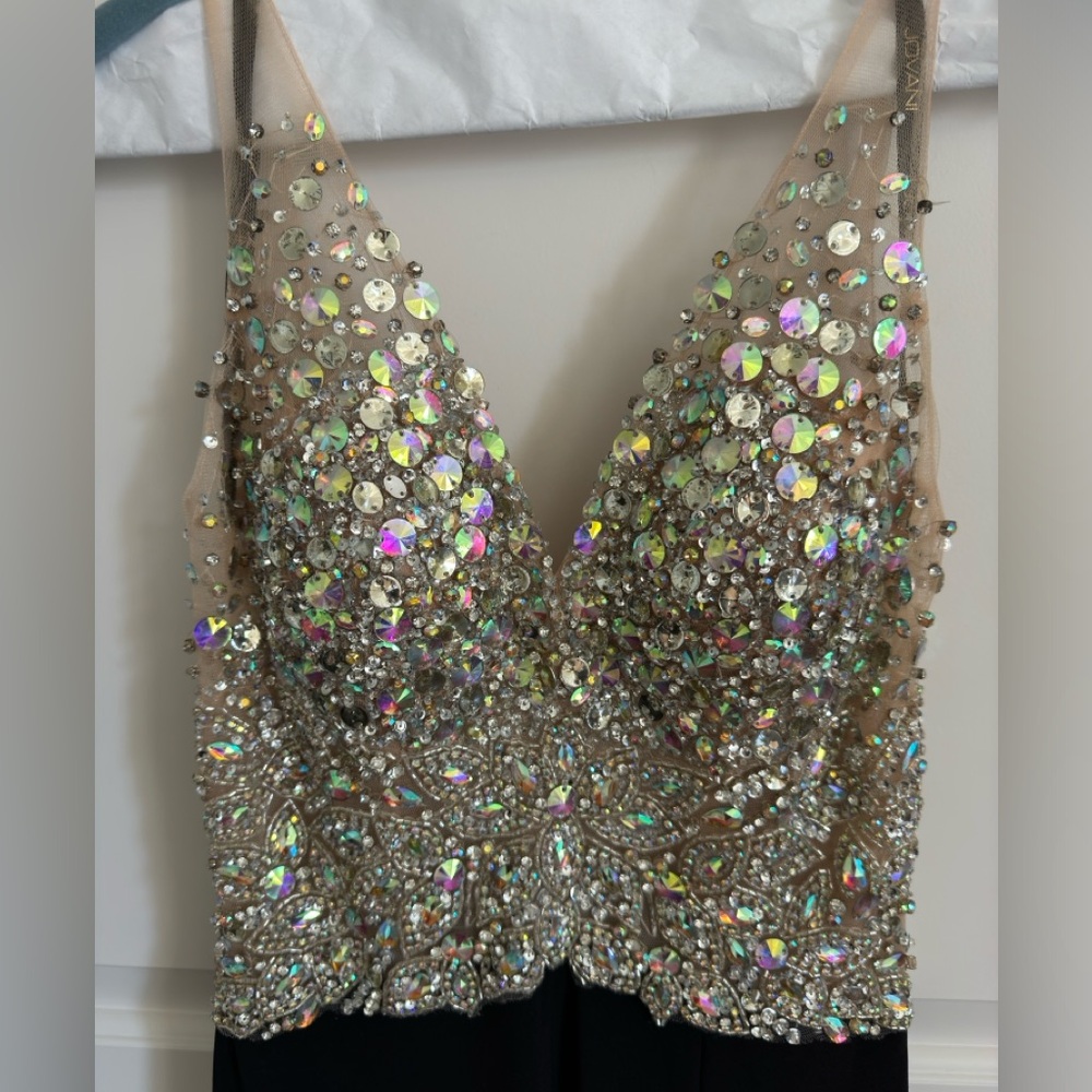 JVN Jovani long Dress with sequin nude top and black bottom with slit up leg